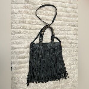 Black Fringe Faux Leather Tote Bag